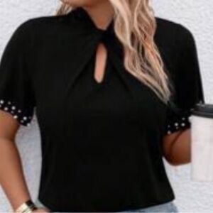 SHEIN Black Keyhole Blouse with Pearl Detail